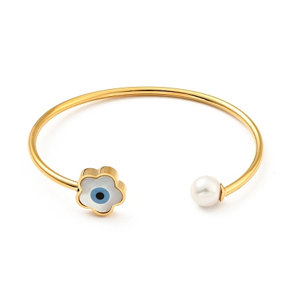 Shell Pearl & Flower with Evil Eye Open Cuff Bangle, 304 Stainless Steel Jewelry for Woman