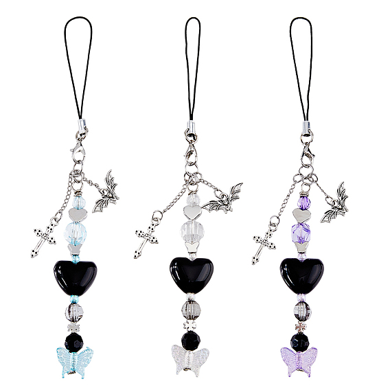 Подвески из акрила и сплава и латунные бусины для мобильных устройств, украшение мобильных аксессуаров из полиэстера, летучая мышь и крест и бабочка