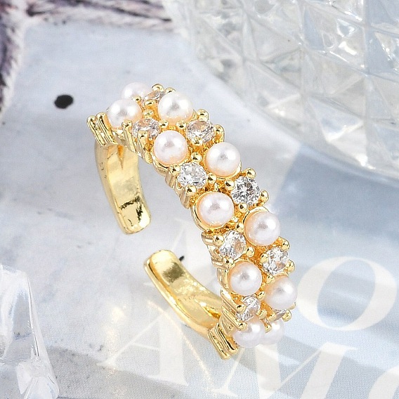 Открытые манжеты из латуни с микропаве и прозрачным цирконием для женщин, с пластиковой жемчужины