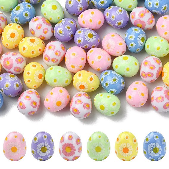 Печатные непрозрачные акриловые бусины, овал с ромашкой