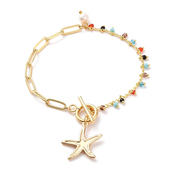 Brass Starfish Charm Bracelets, with Paperclip Chains, Glass Beads, Natural Pearl Beads and 304 Stainless Steel Toggle Clasps, Colorful