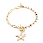 Brass Starfish Charm Bracelets, with Paperclip Chains, Glass Beads, Natural Pearl Beads and 304 Stainless Steel Toggle Clasps, Colorful