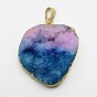Natural Agate Crystal Electroplate Nuggets Pendants, Druzy Trimmed Stone, with Brass Findings, 38~54x24~36x8~18mm, Hole: 5x8mm