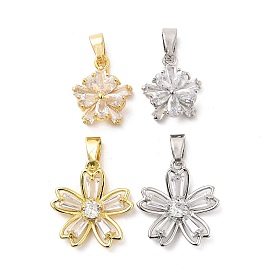 Rack Plating Brass Micro Pave Cubic Zirconia Pendants, Lead Free & Cadmium Free, Long-Lasting Plated, Flower