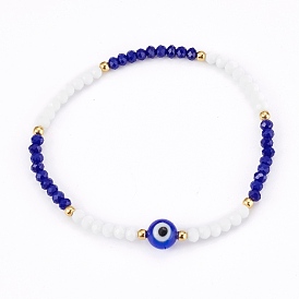 Faceted Glass Beaded Stretch Bracelets, with Evil Eye Lampwork Round Beads and 304 Stainless Steel Beads, Golden