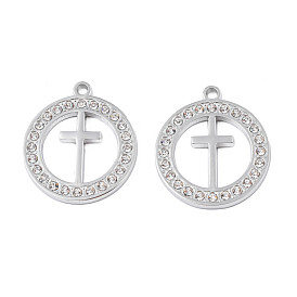 304 Stainless Steel Pendants, with Crystal Rhinestone, Ring with Cross