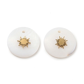 Natural Shell flat Round Charms with 304 Stainless Steel Star Ornament