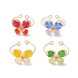 4Pcs 4 Colors Butterfly Glass Finger Rings, Copper Wire Wrapped Open Cuff Ring for Women