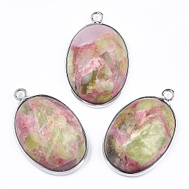 Assembled Peridot and Rose Quartz Pendants, with Brass Findings, Oval, Platinum