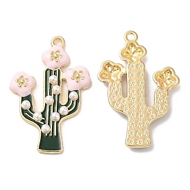 Alloy Enamel Pendants, with ABS Imitation Pearl, Long-Lasting Plated, Cadmium Free & Nickel Free & Lead Free, Cactus with Flower Charm