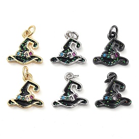 Rack Plating Brass Micro Pave Colorful Cubic Zirconia Pendants, with Enamel and Jump Ring, Long-Lasting Plated, Cadmium Free & Lead Free, Witch Hat Charms