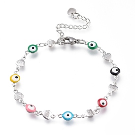 304 Stainless Steel Link Bracelets, with Enamel and Lobster Claw Clasps, Evil Eye & Heart with Word Love, Colorful