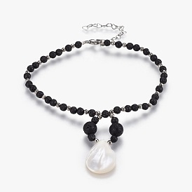 Spiral Shell Charm Anklets, with Non-magnetic Synthetic Hematite Beads and Natural Lava Rock Beads and 304 Stainless Steel Findings, Burlap Drawstring Bags