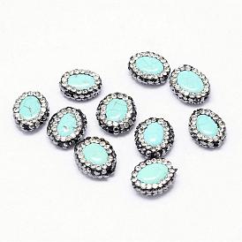 Окрашенные синтетические бирюзовые бусины, со стразами, овальные