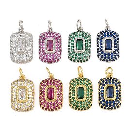 Brass Micro Pave Cubic Zirconia Pendantss, Rectangle Charms, Rack Plating, Long-Lasting Plated, Lead Free & Cadmium Free