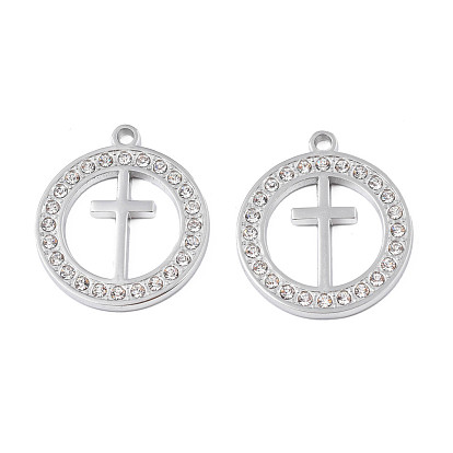 304 Stainless Steel Pendants, with Crystal Rhinestone, Ring with Cross