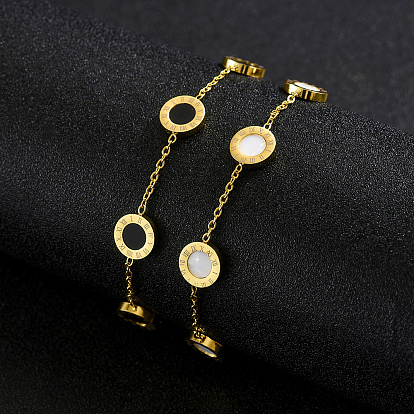 Pulseras minimalistas de acero inoxidable con números romanos y eslabones redondos planos para hombre, dorado