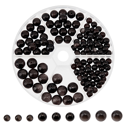 128 Stück 3 Größe natürliche Silber-Obsidian-Perlen, Runde