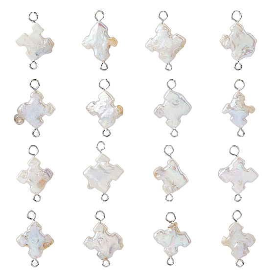 16Pcs Natural Keshi Pearl Connector Charms, with 304 Stainless Steel Findings, Cross