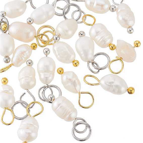 20шт 2 цвета класса натуральный культивированный пресноводный жемчуг рисовые подвески, с латунным штифтом и 304 открытыми перемычками из нержавеющей стали.