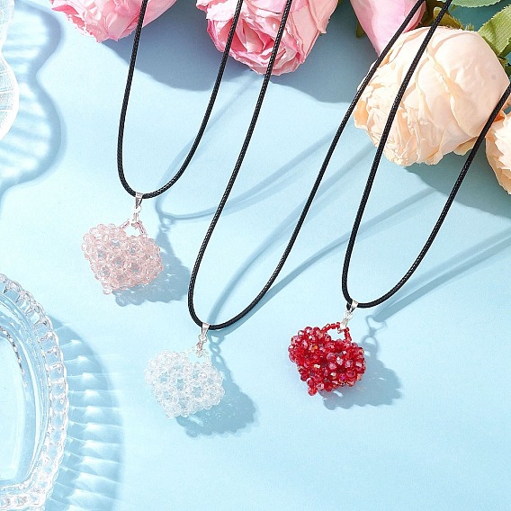 Гальванизированный стеклянный бисер кулон в форме сердца ожерелья из черного вощеного хлопкового шнура для женщин, платина