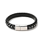 Black Leather & 304 Stainless Steel Rope Braided Cord Bracelet Magnetic Clasp for Men Women