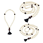 6pcs 3 colliers de perles en bois naturel de style, avec pampilles en polyester