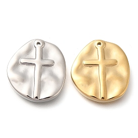 304 Stainless Steel Pendants, Flat Round with Cross Charm