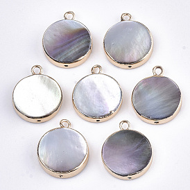 Natural Black Lip Shell Pendants, with Edge Brass Golden Plated and Iron Loops, Half Drilled, Flat Round