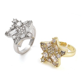 Rack Plating Brass Micro Pave Cubic Zirconia Star Open Cuff Rings for Women, Long-Lasting Plated, Cadmium Free & Lead Free