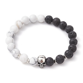 Halloween Natural Howlite and Lava Rock Beaded Stretch Bracelets, with 304 Stainless Steel Skull Beads