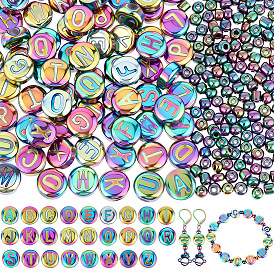 104 Stück flache, runde, galvanisierte Glasperlen mit Buchstaben, mit 150 Stück Glasperlen, Regenbogen plattiert