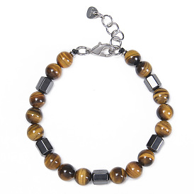 8mm Tiger Eye Stone Bracelet for Men with Stainless Steel Chain and Black Magnetic Beads - Couple Jewelry