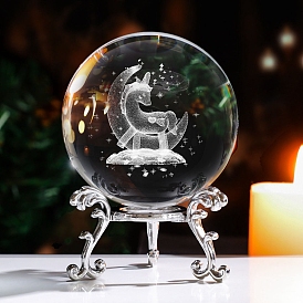 Inner Carving Horse & Moon Glass Crystal Ball Diaplay Decoration, with Alloy Pedestal, Fengshui Home Decor