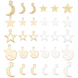 SUNNYCLUE 40Pcs 10 Style Brass Charms, Long-Lasting Plated, Moon & Star