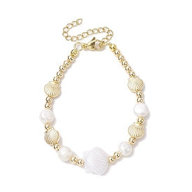 Natural Cultured Freshwater Pearl Link Bracelets, Summer Shell Shaped ABS Plastic Bracelets for Women