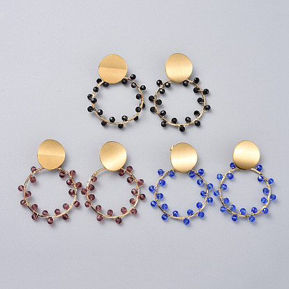 Dangle Stud Earrings, with 304 Stainless Steel Stud Earrings Findings, Brass Linking Rings, Glass Beads and Earring Backs, Golden