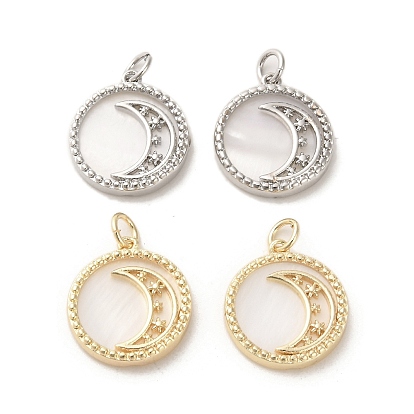 Brass Micro Pave Cubic Zirconia Pendants, Cadmium Free & Nickel Free & Lead Free, with Shell, Flat Round with Moon