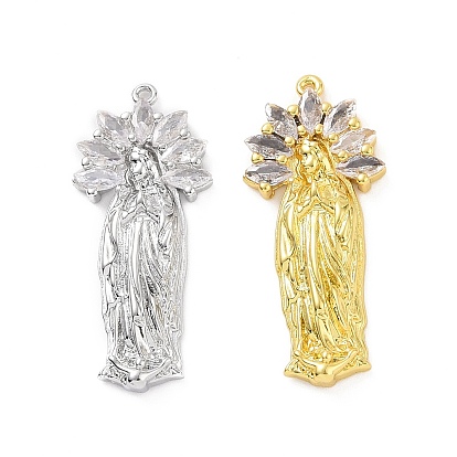 Eco-friendly Rack Plating Brass Micro Pave Cubic Zirconia Pendants, Cadmium Free & Lead Free, Long-Lasting Plated, Religion Virgin Mary Charm