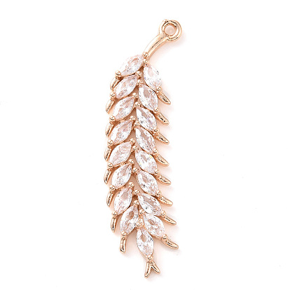 Brass Micro Pave Clear Cubic Zirconia Pendants, Wheat Charm