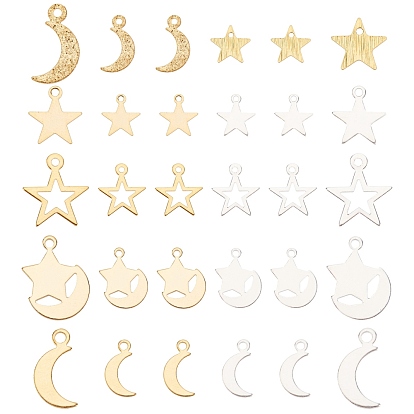 40Pcs 10 Style Brass Charms, Long-Lasting Plated, Moon & Star