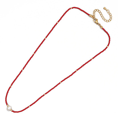 Bohemia Style Glass Seed Bead and Pearl Beaded Necklaces for Women, with Stainless Steel Findings