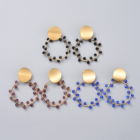 Dangle Stud Earrings, with 304 Stainless Steel Stud Earrings Findings, Brass Linking Rings, Glass Beads and Earring Backs, Golden