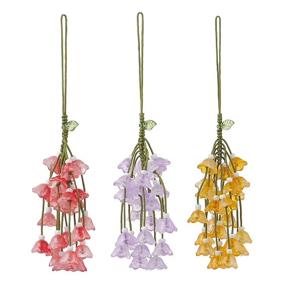 3Pcs Glass Flower Tassel Pendant Decorations, with Nylon Cord