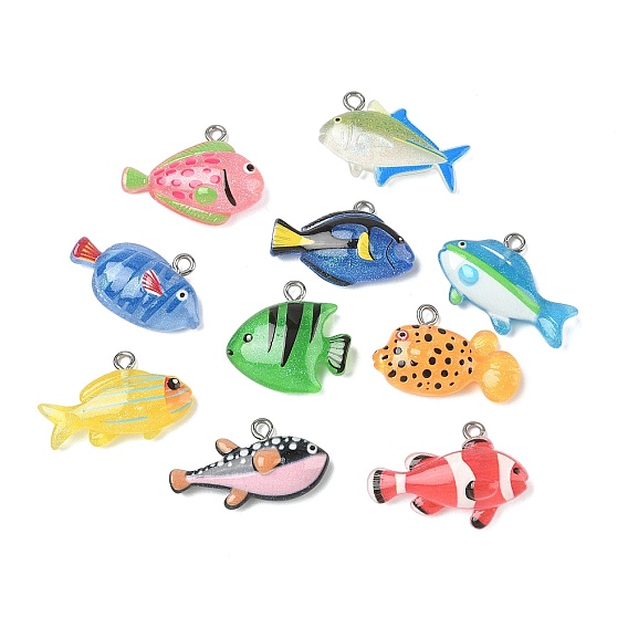 Подвески из смолы, рыба, с платиновой железной петлей и пудрой с блестками