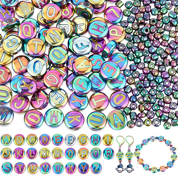 104piezas de cuentas de vidrio planas redondas con letras galvanizadas, con 150piezas de cuentas de vidrio, arco iris chapado