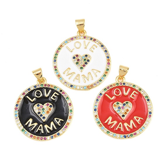 Латунные микро проложить кубического циркония подвески, с эмалью, без кадмия и без свинца, реальный 18 k позолоченный, стойки покрытие, долговечный, Плоские круглые подвески со словом «любовь, мама», День матери