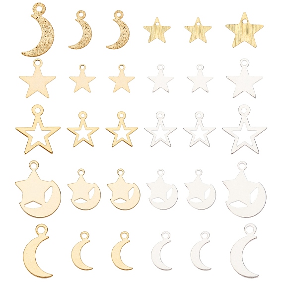 40Pcs 10 Style Brass Charms, Long-Lasting Plated, Moon & Star