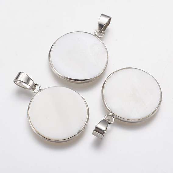 Natural White Shell Mother of Pearl Shell Pendants, with Platinum Tone Brass Findings, Flat Round
