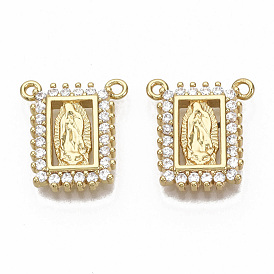 Brass Micro Pave Cubic Zirconia Pendants, Nickel Free, Rectangle with Virgin Mary, Clear